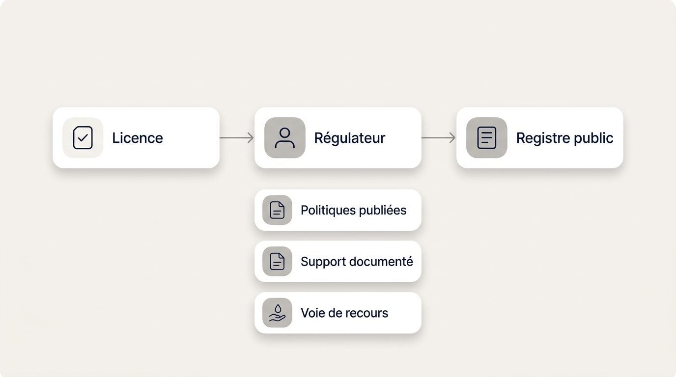 Schéma de vérification d’une licence, du régulateur, du registre public et des voies de recours.