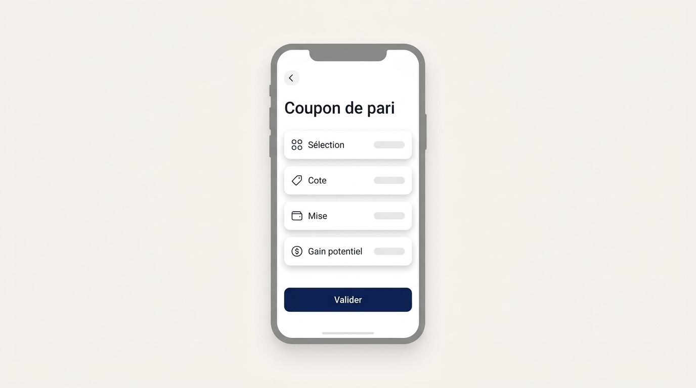 Illustration d’un coupon de pari mobile avec sélection, cote, mise et gain potentiel.