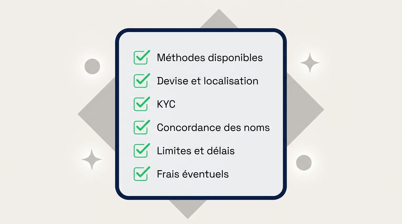 Liste des contrôles à vérifier pour les paiements, le KYC et les retraits.